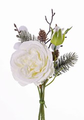 Schnee-Bouquet mit Rose, Pom Pom, Eiszweigen, Zapfen, 28cm, Ø 15cm